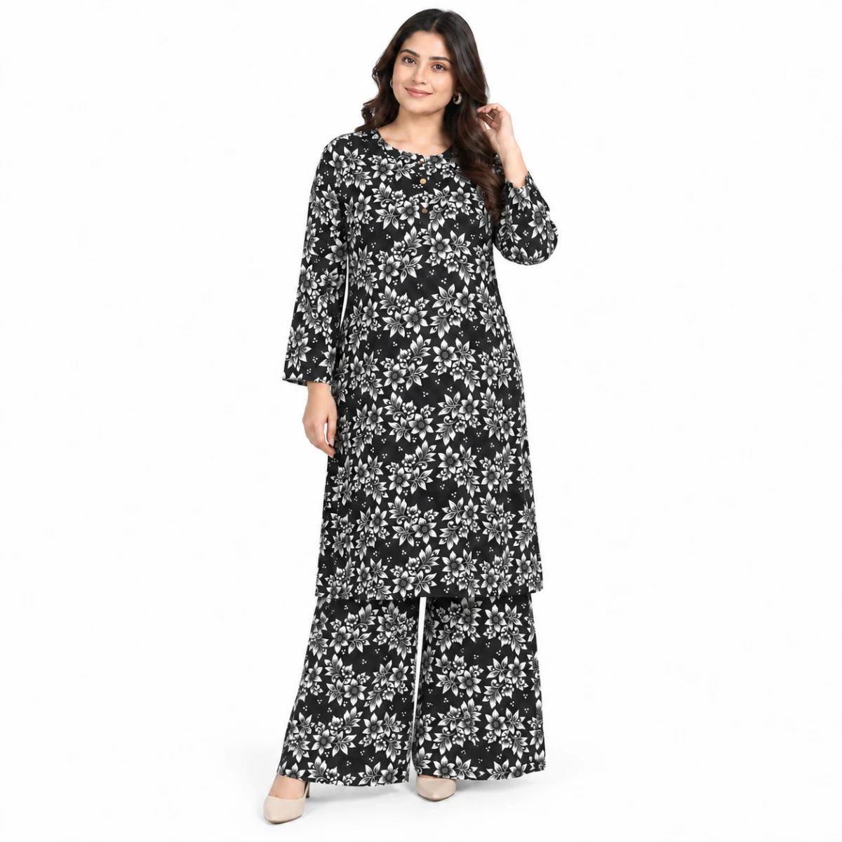 Ladies Floral Kurti Palazzo Set – Black & White