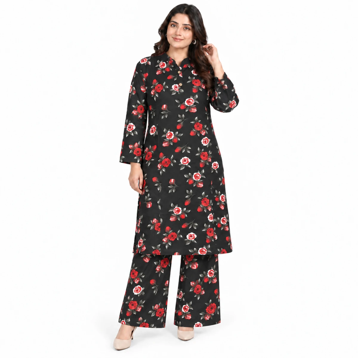 Ladies Rose Print Kurti Palazzo Set – Black