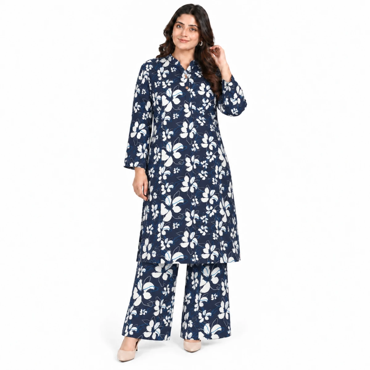 Ladies Floral Kurti Palazzo Set – Navy