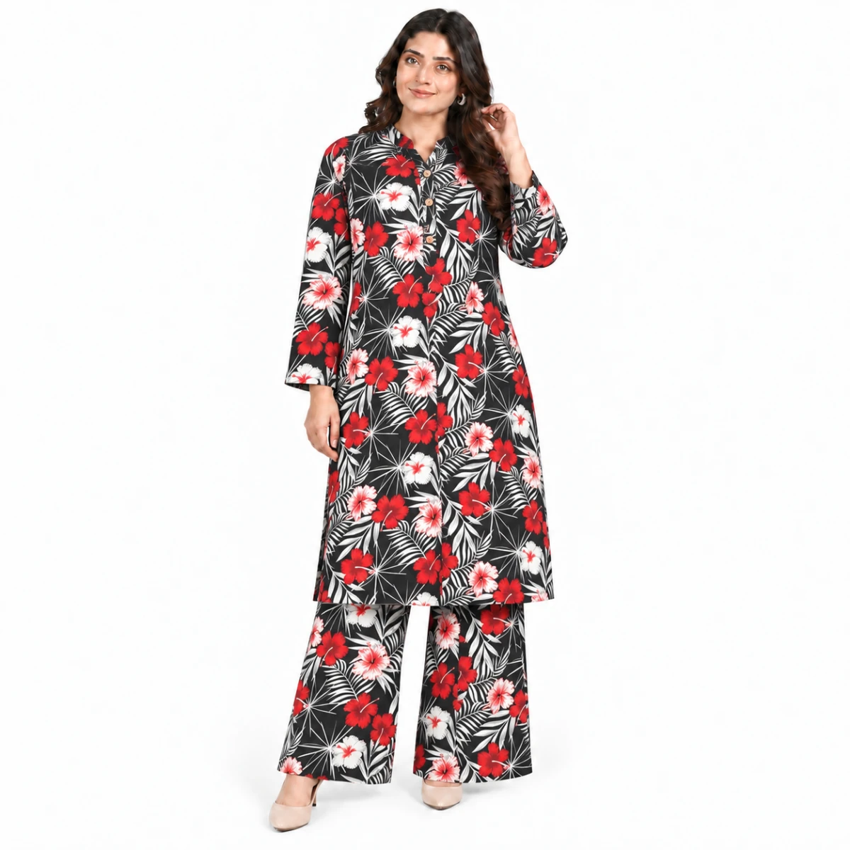 Ladies Tropical Print Kurti Palazzo Set – Black